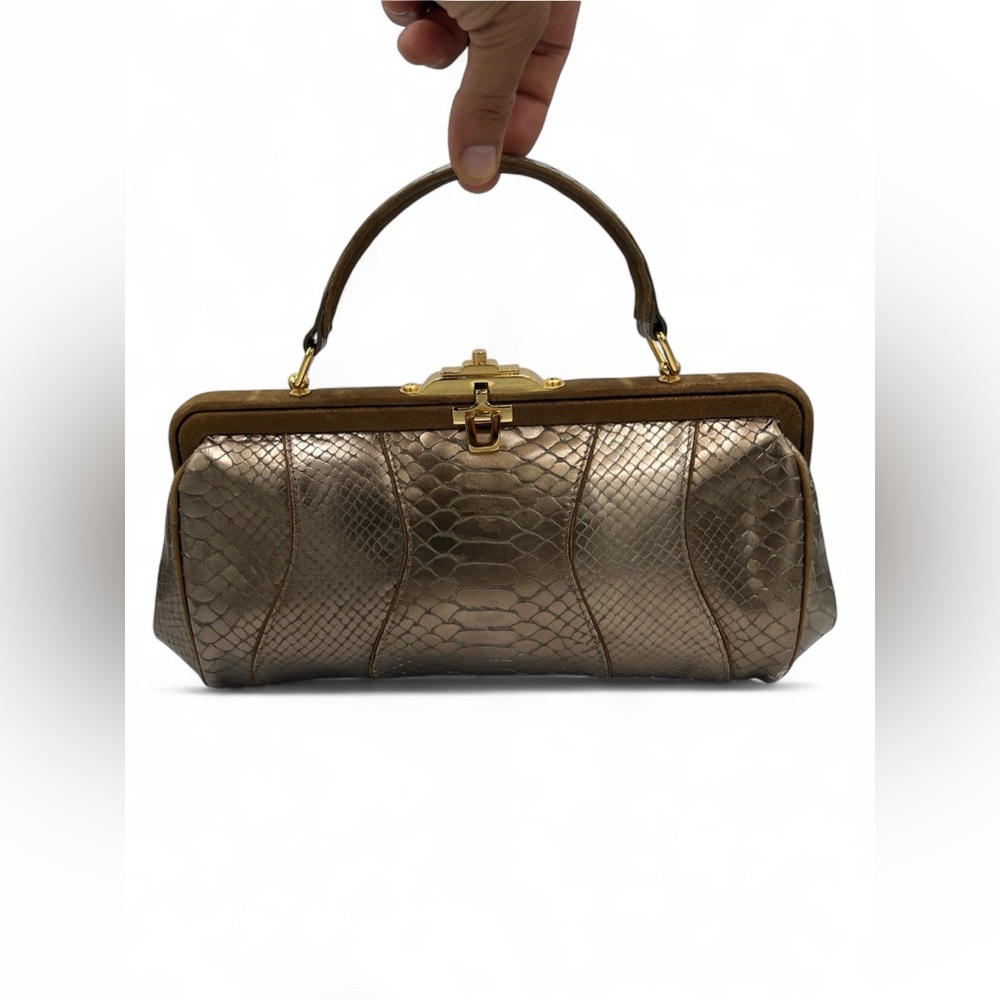 Via Spiga Embossed Metallic Leather Kiss-lock Purse / Top handle Bag